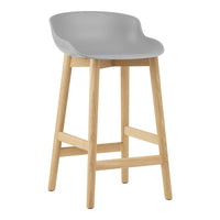 Gray plastic bar stool with a sleek, modern design and natural wooden legs, perfect for contemporary decor.