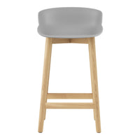 Gray plastic stool with natural wood legs, featuring a sleek minimalist design and smooth, curved edges.