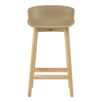 Tan modern bar stool with a minimalist design and light wood legs. Perfect for contemporary interiors.