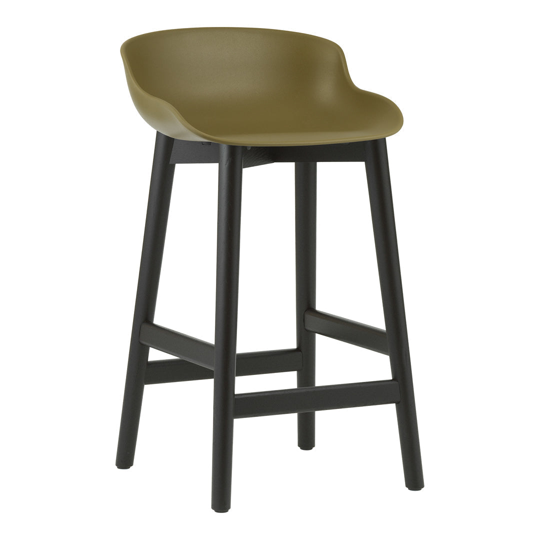 Olive green plastic seat bar stool with a sleek black wooden frame, minimalistic design.