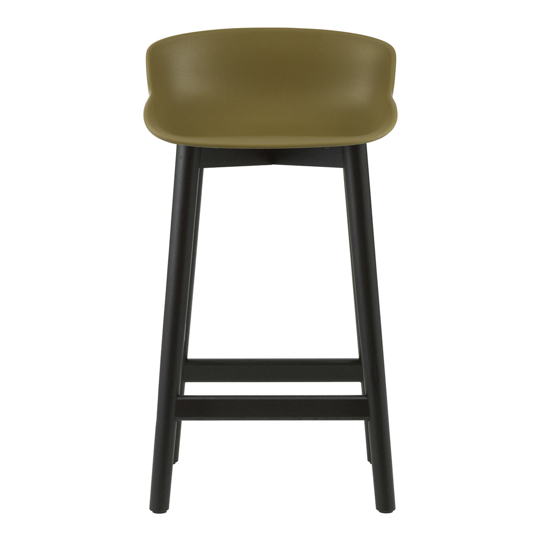 Olive green stool with a sleek, modern design and black wooden legs, perfect for contemporary spaces.