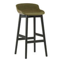 Olive green padded bar stool with a sleek black wooden frame, perfect for modern interiors.