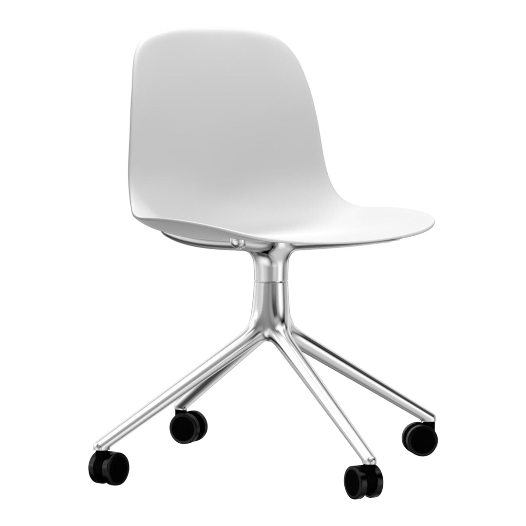 Sleek white chair with a smooth finish and a chrome base, featuring five black caster wheels for easy mobility.