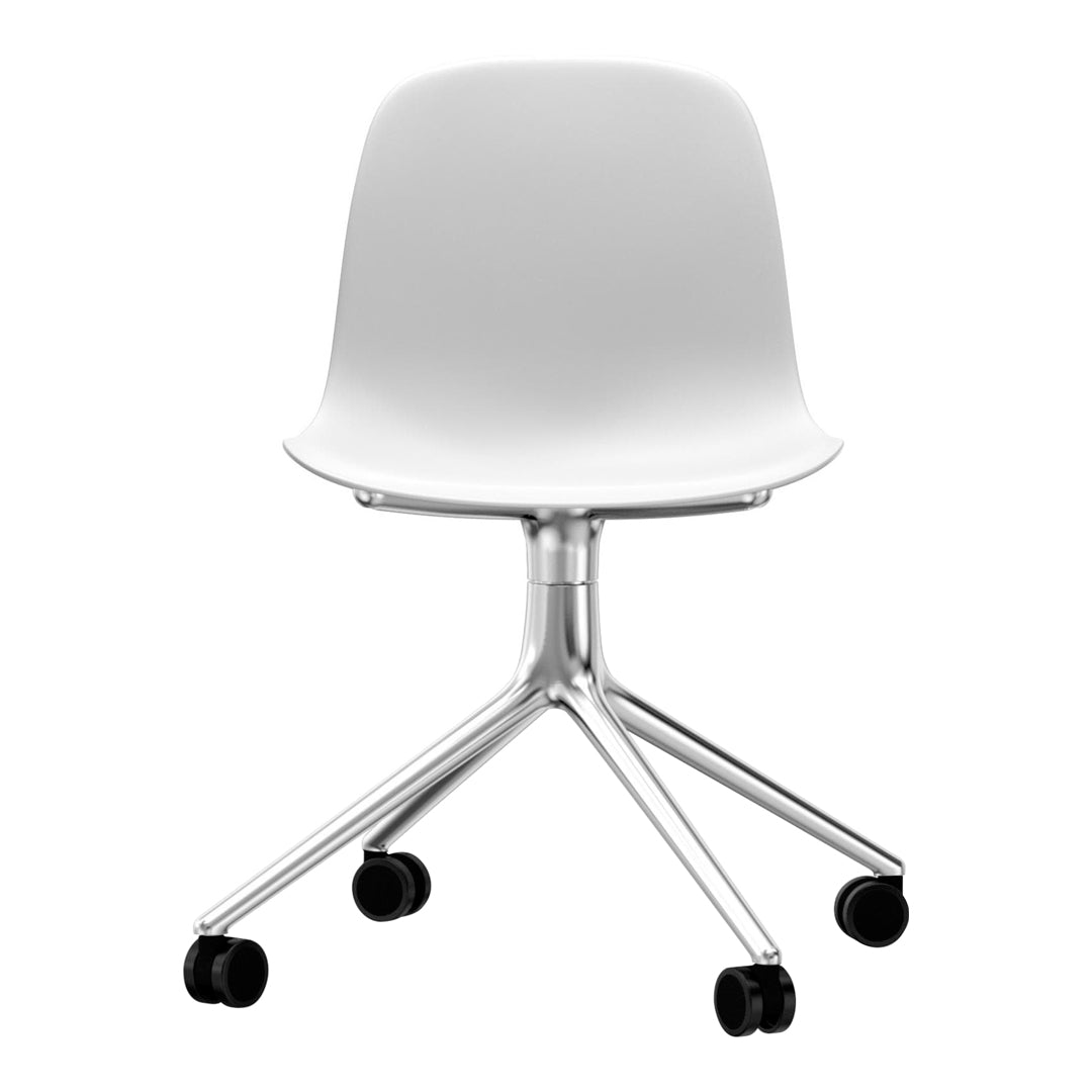 White ergonomic chair with a sleek chrome base and black caster wheels, perfect for modern office decor.