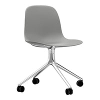 Gray ergonomic chair with a sleek design and a polished chrome base, featuring a smooth, minimalistic pattern.