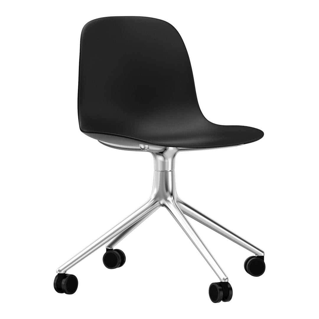 Sleek black chair with a smooth finish, featuring a chrome base and rolling wheels. Modern and minimalist design.