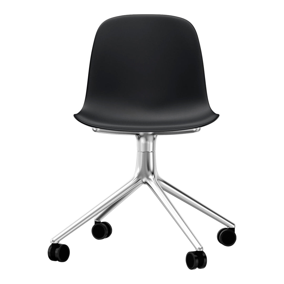 Modern black chair with a sleek, smooth finish and a chrome base, featuring five rolling wheels for easy mobility.