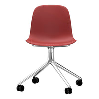 Red molded plastic chair with a sleek chrome base and five black rolling wheels. Modern minimalist design.