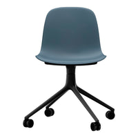 Sleek blue plastic office chair with a minimalist design and black five-star base on wheels.