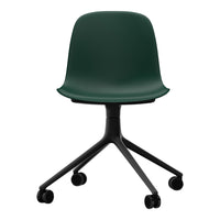 Green plastic chair with a sleek design and black wheeled base. Perfect for modern workspaces.
