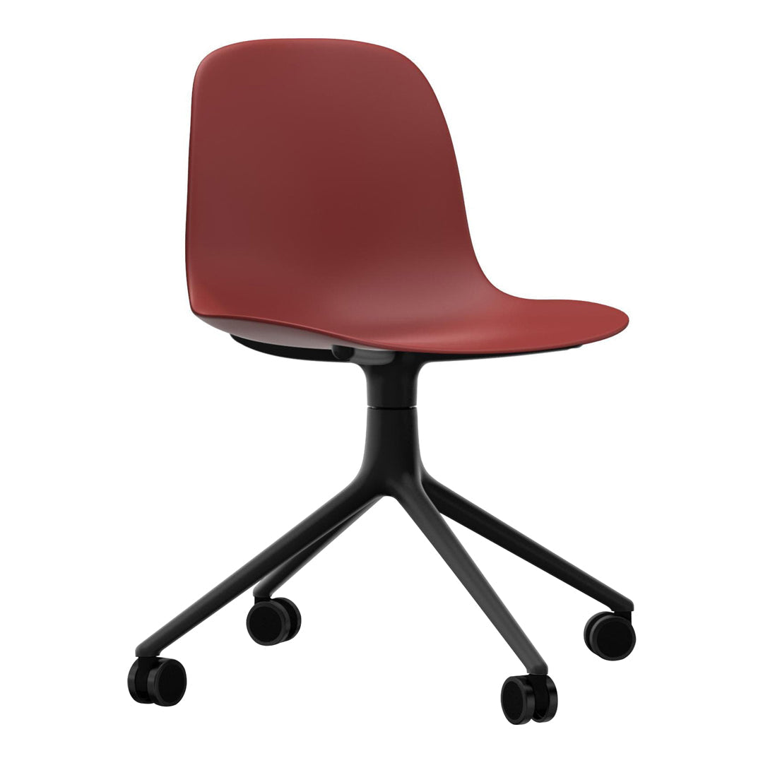 Modern red chair with a smooth finish and black rolling base, perfect for sleek office or home environments.