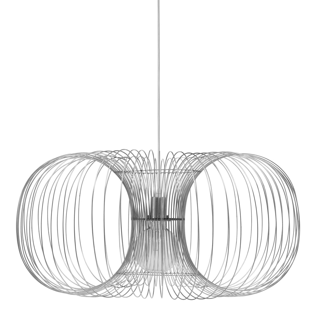Modern silver wire pendant lamp with sleek, circular patterns for contemporary home décor. 
