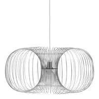 Modern silver wire pendant lamp with sleek, circular patterns for contemporary home décor. 