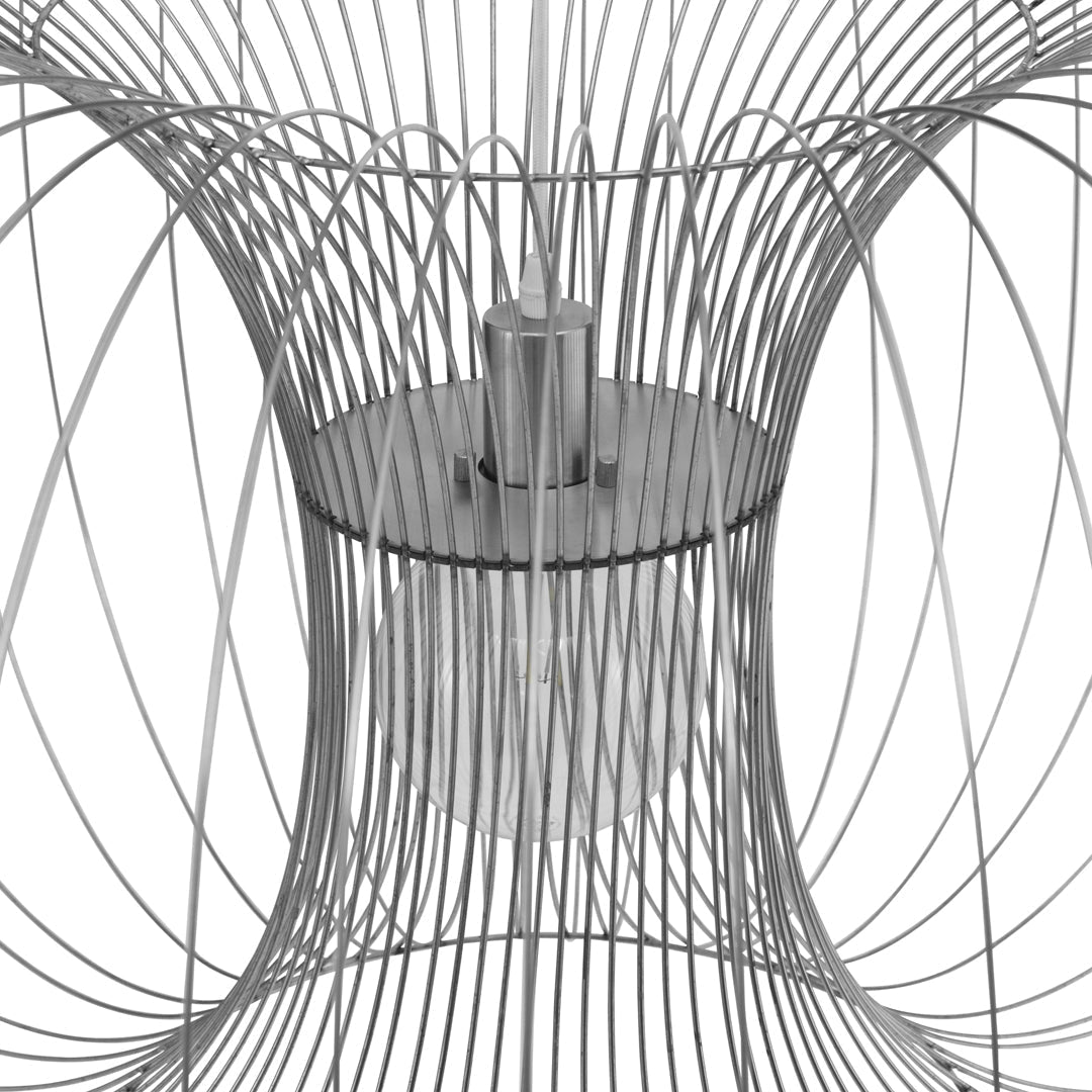 Silver wire mesh design with sleek lines and a modern pattern, showcasing a unique cylindrical structure.