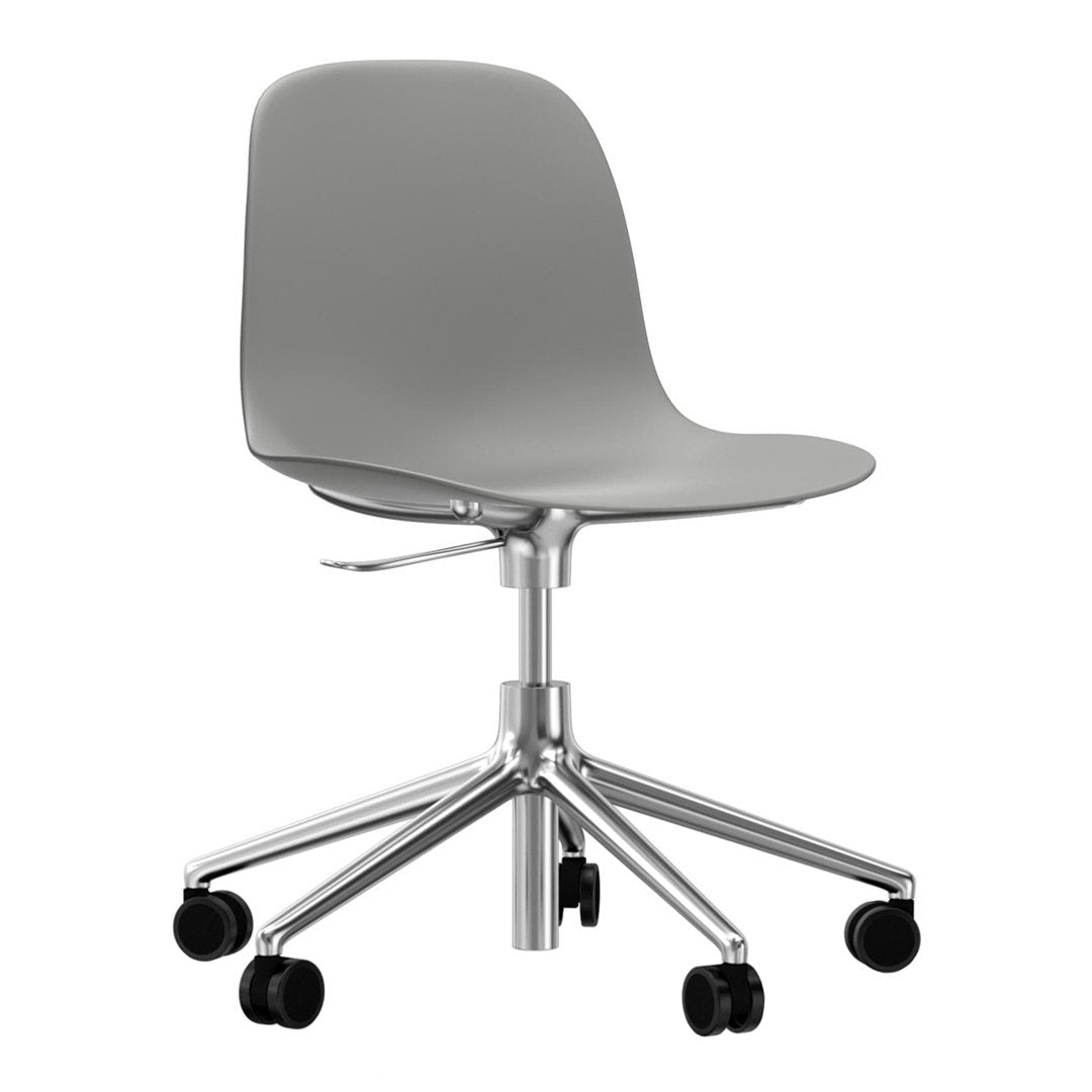 Gray office chair with a smooth, minimalist design and shiny chrome base, featuring five black rolling casters.