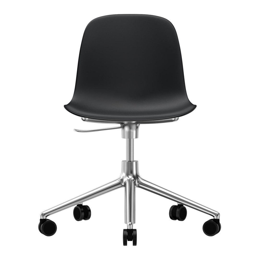 Black ergonomic chair with a smooth, curved seat and a sleek chrome base, featuring five black wheels for mobility.