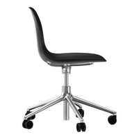Sleek black office chair with a smooth plastic seat and a polished chrome five-star base on wheels.