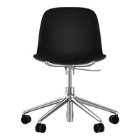 Black ergonomic office chair with a sleek design and chrome base, featuring smooth swivel and rolling caster wheels.