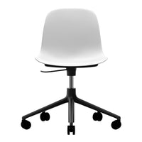 White ergonomic office chair with a smooth finish and black wheeled base for versatile mobility and modern style.