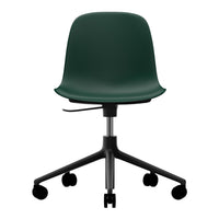Green ergonomic chair with a sleek design and black rolling base, perfect for modern office decor.