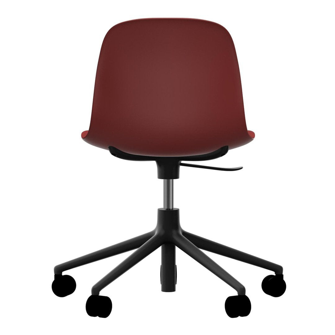 Modern burgundy office chair with a simple, sleek design and black swivel base, perfect for any workspace.