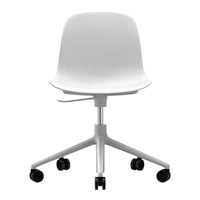 White ergonomic chair with a sleek, minimalist design and contrast black wheels. Perfect for modern office decor.