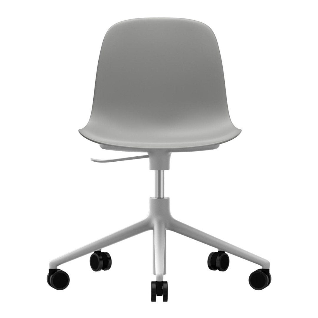 Gray ergonomic office chair with a smooth, minimalist design and black wheels for a modern look.