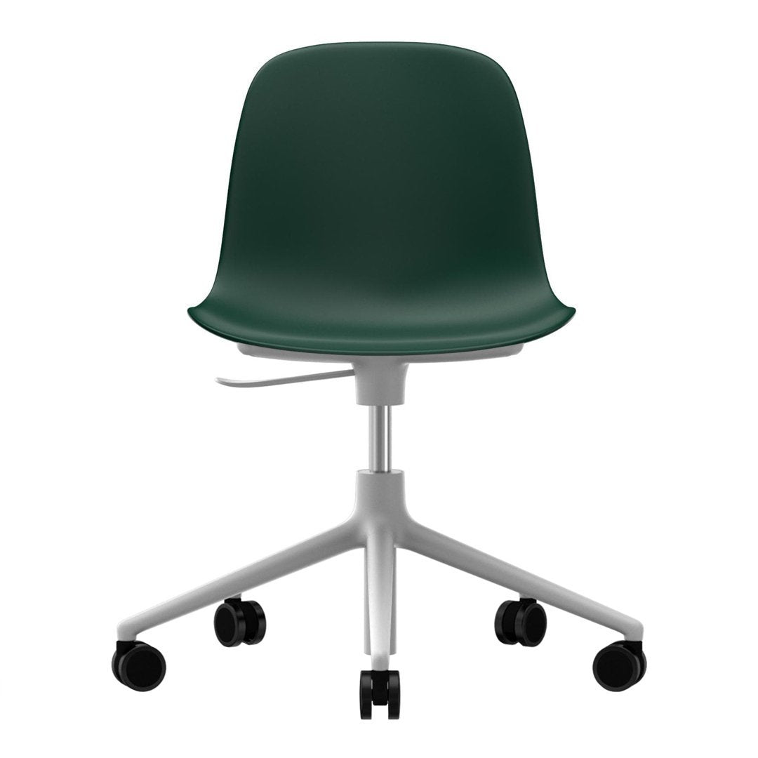 Green ergonomic office chair with a smooth finish and five black rolling casters on a silver base.