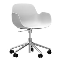 White modern chair with smooth curves and chrome base, featuring a minimalist design for contemporary spaces.