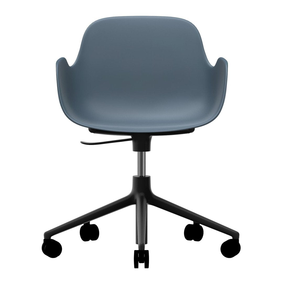 Modern swivel chair in soft blue with a smooth, matte finish and sleek black base on rolling casters.