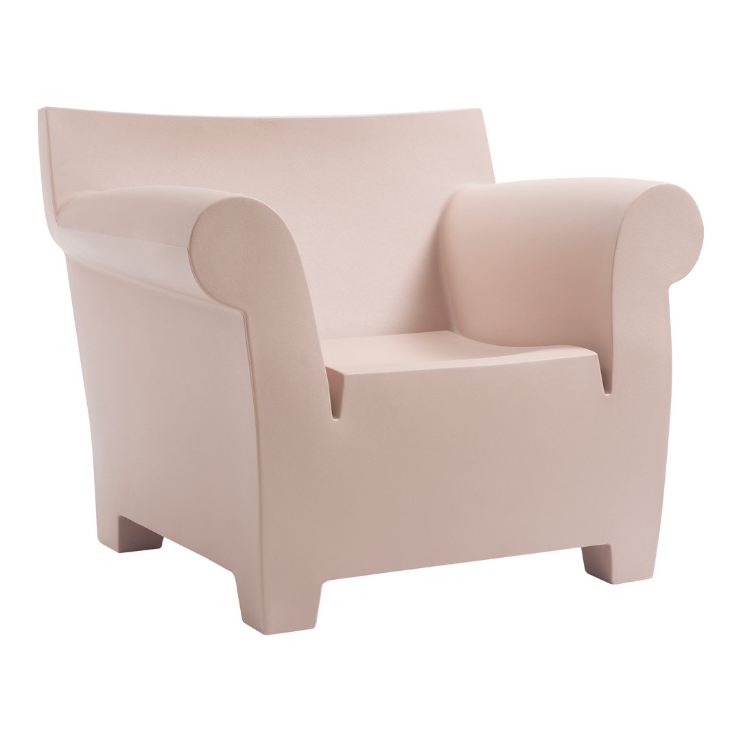 Blush pink armchair with smooth, minimalist design and rounded armrests, perfect for modern interiors.