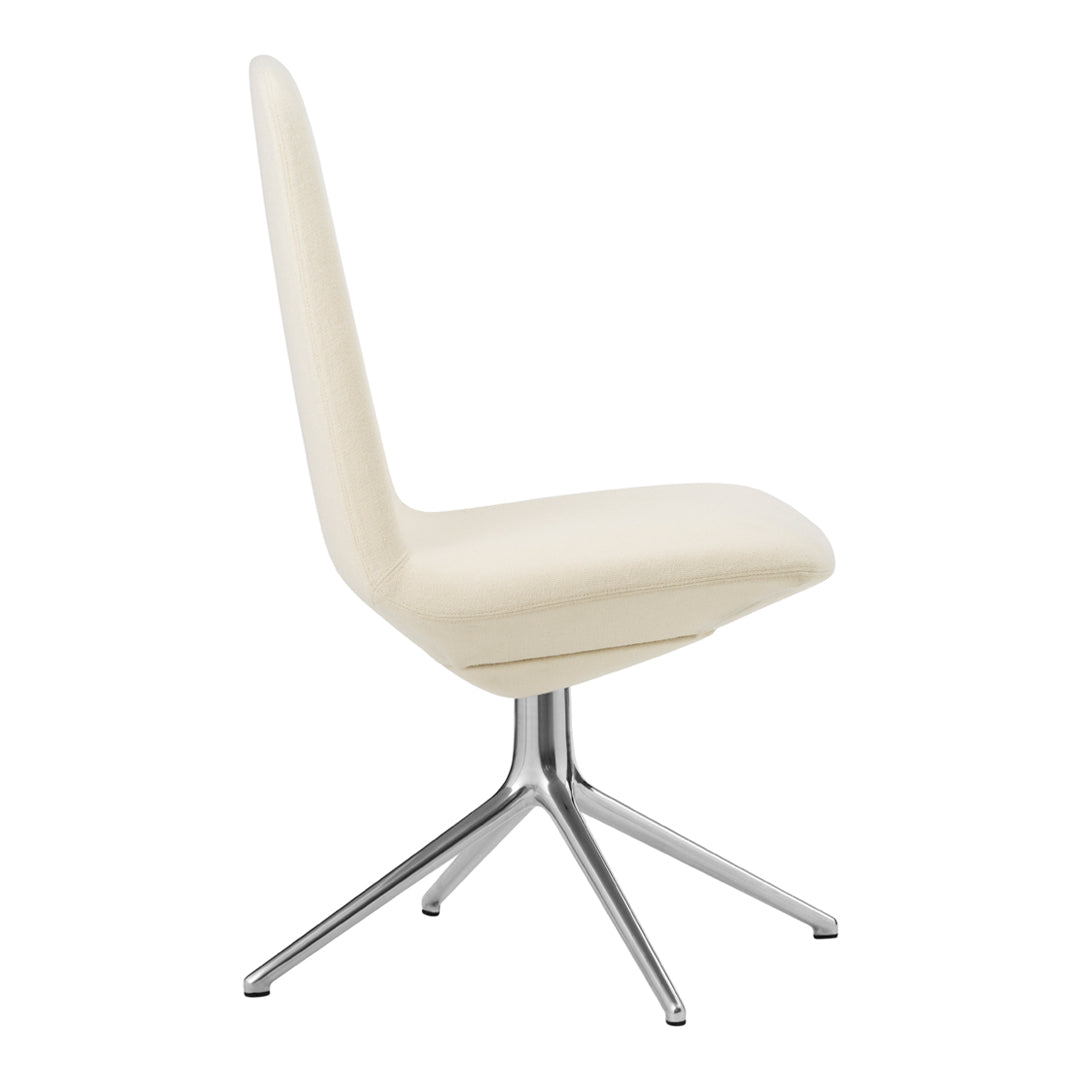 Cream-colored chair with a smooth, modern design and sleek chrome legs, showcasing minimalist elegance.