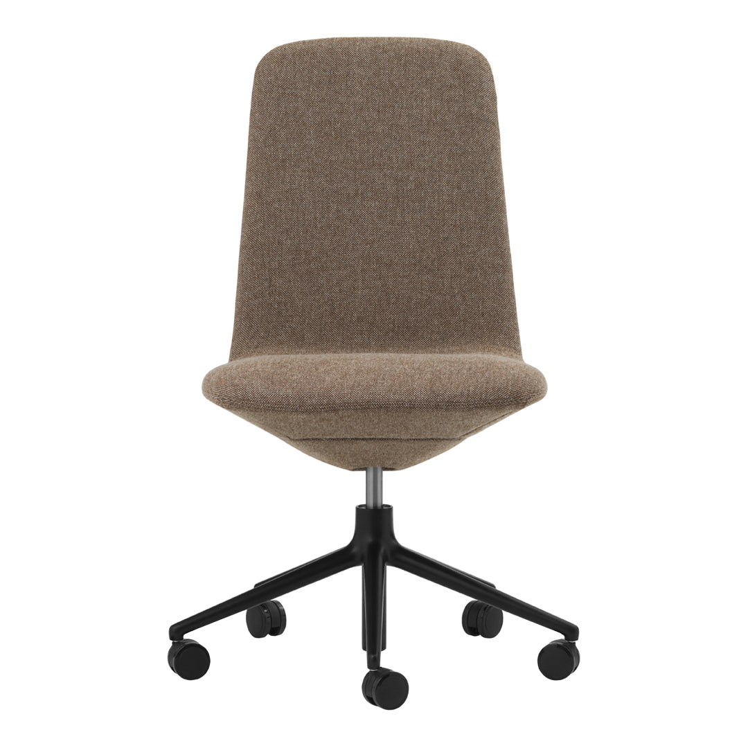 Brown upholstered office chair with a smooth texture and black five-star base, perfect for modern workspaces.
