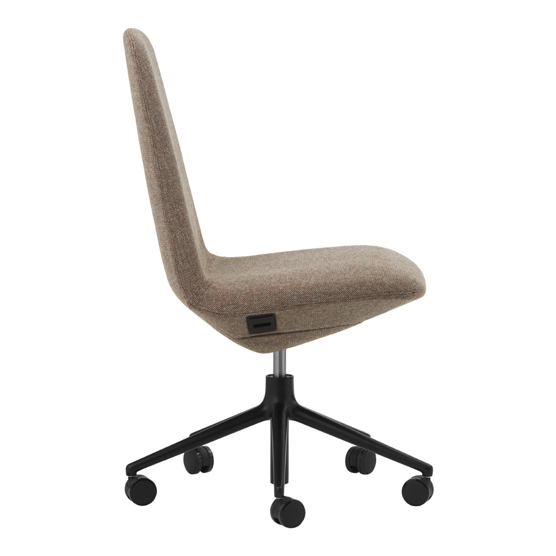Tan upholstered office chair with a sleek, modern design and a five-star black base, featuring smooth, clean lines.