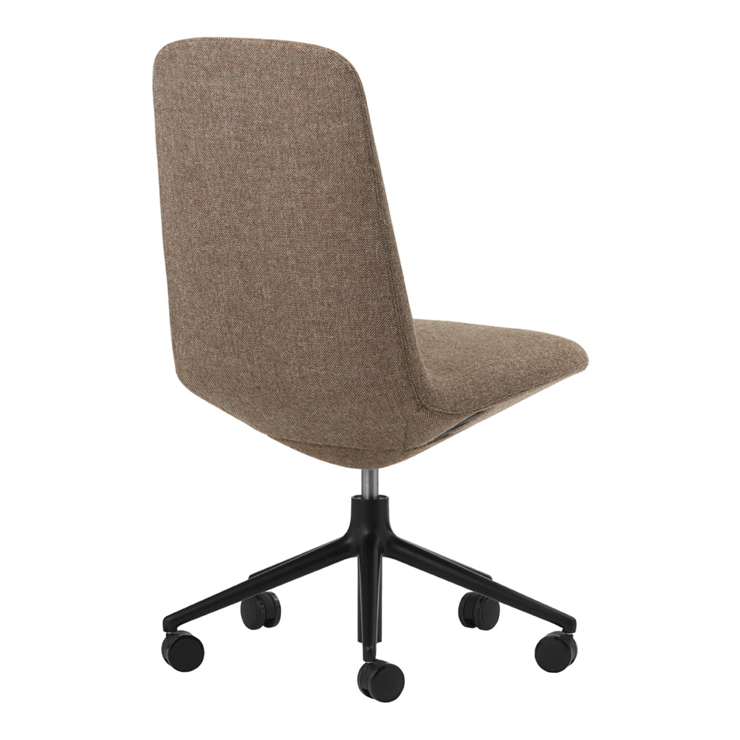 Brown upholstered office chair with a sleek black base and smooth, simple design. Ideal for modern workspaces.
