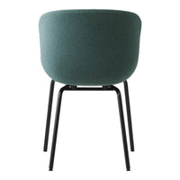 Green upholstered chair with a smooth texture and black metal legs, featuring a simple and modern design.