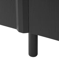 Black wood texture with sleek lines and a minimalist design, featuring a sturdy black cylindrical leg.