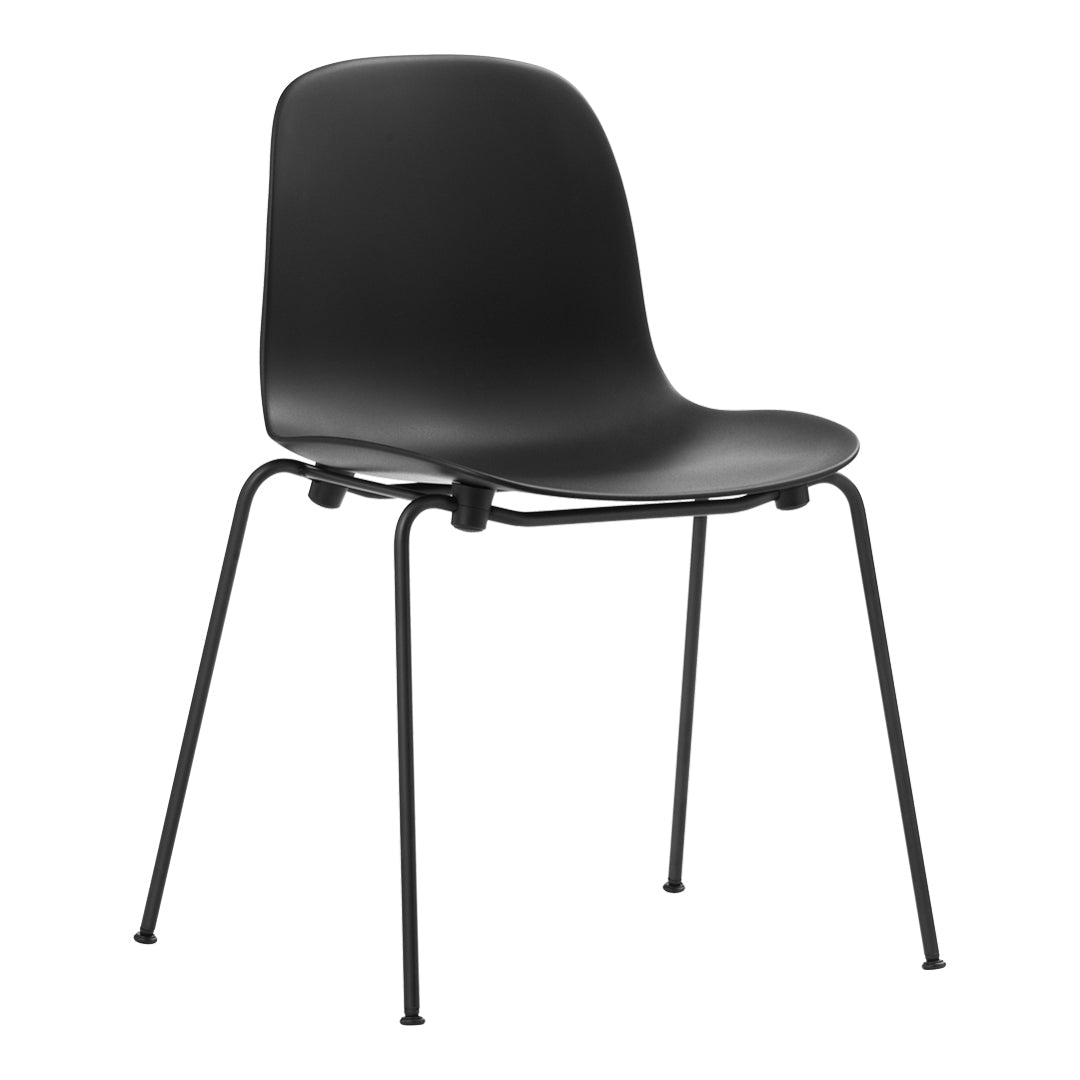 Black modern chair with a smooth, minimalist design and thin, sleek black metal legs. Perfect for contemporary settings.