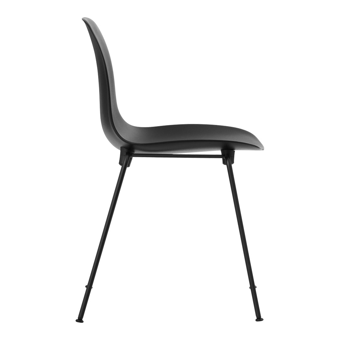 Sleek black chair with a smooth matte finish and minimalist design, featuring black metal legs. Perfect for modern decor.