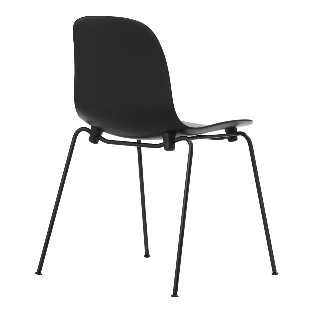 Black modern dining chair with a sleek, minimal design and matte finish on the seat and metal legs.
