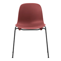 Red minimalistic chair with a smooth finish and black metal legs, showcasing a sleek and modern design.
