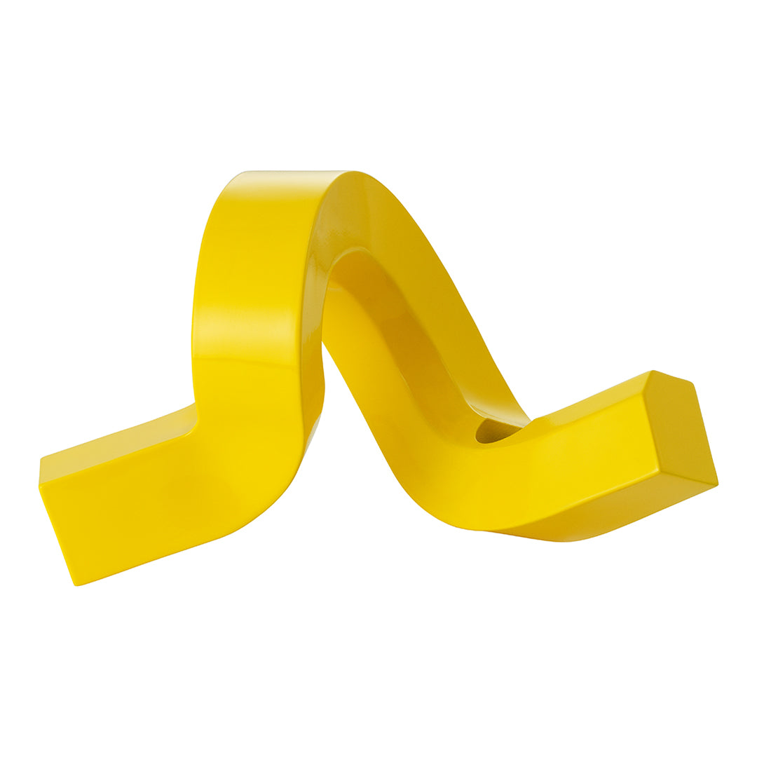 Bright yellow decorative sculpture with a smooth, wavy design. Ideal for modern home decor accents.