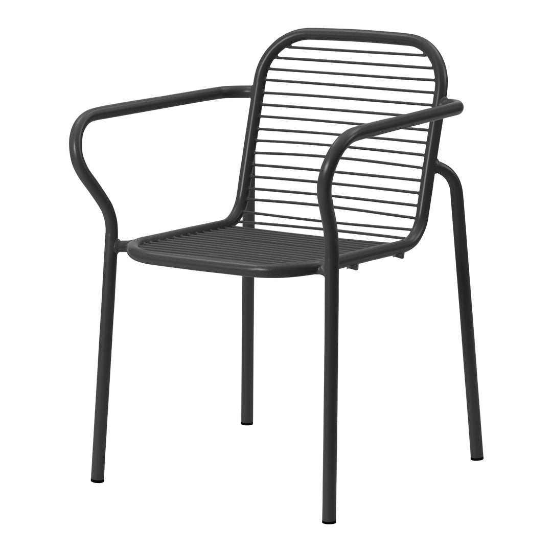 Black metal chair with a sleek design featuring horizontal slats and smooth curves, perfect for modern decor.