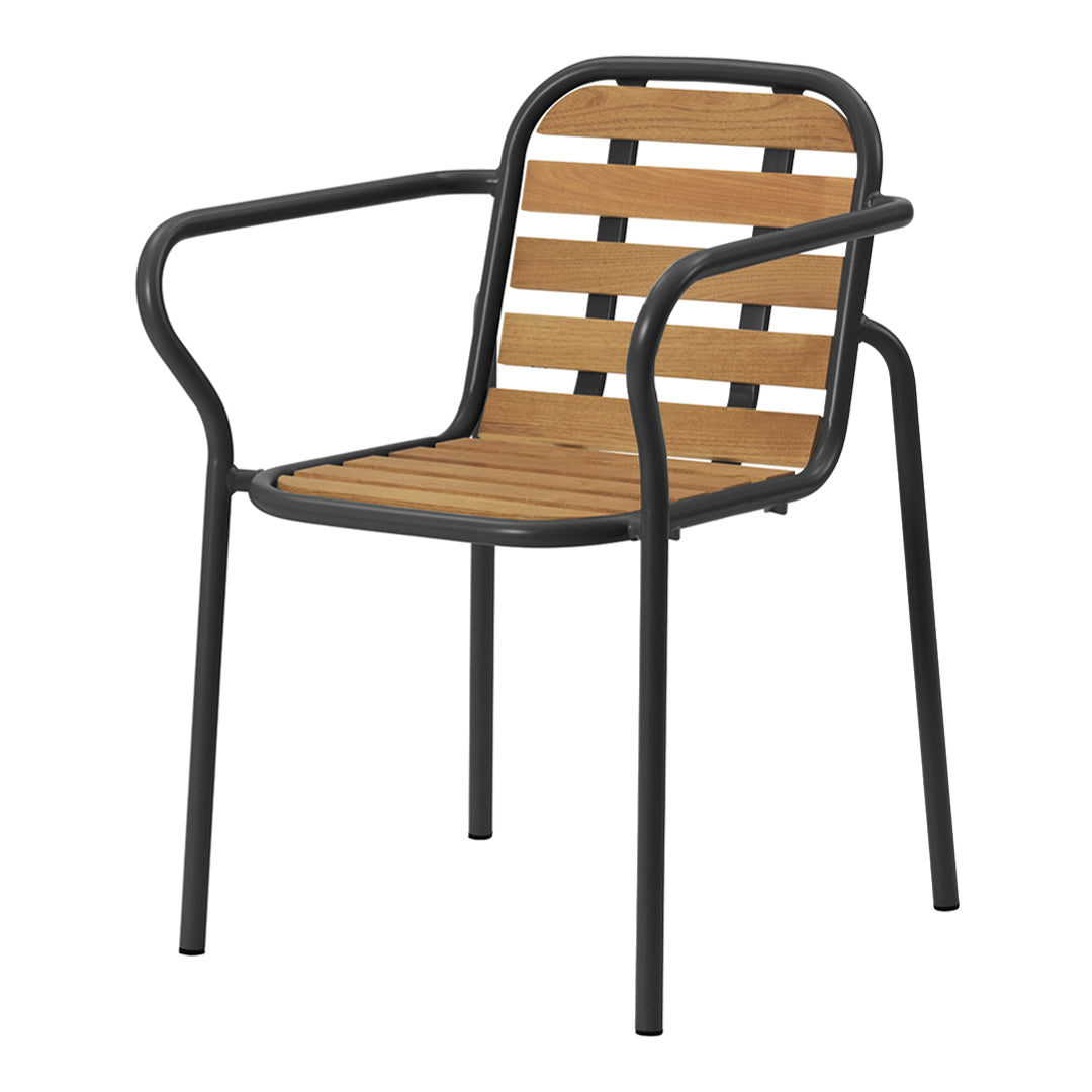 Brown slatted wood seat and backrest with black metal frame chair, perfect for modern outdoor or indoor decor.
