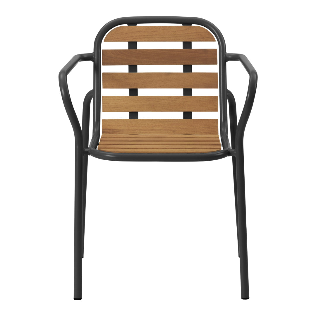 Black metal armchair with brown striped wooden seat and backrest, showcasing a modern, minimalist design.