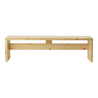 Natural wood bench with a light, unfinished pine color and sleek, minimal design. Perfect for modern decor.