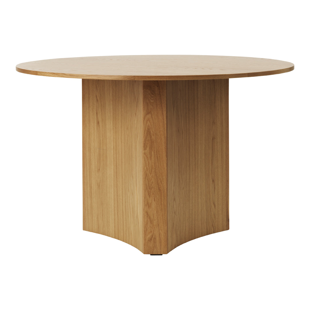 Round wooden table with a light oak finish and a smooth, minimalist design. Ideal for modern dining spaces.