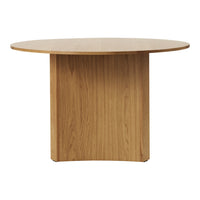 Natural wood round table with a smooth light oak finish and minimalist design. Soft, neutral tones enhance any decor.