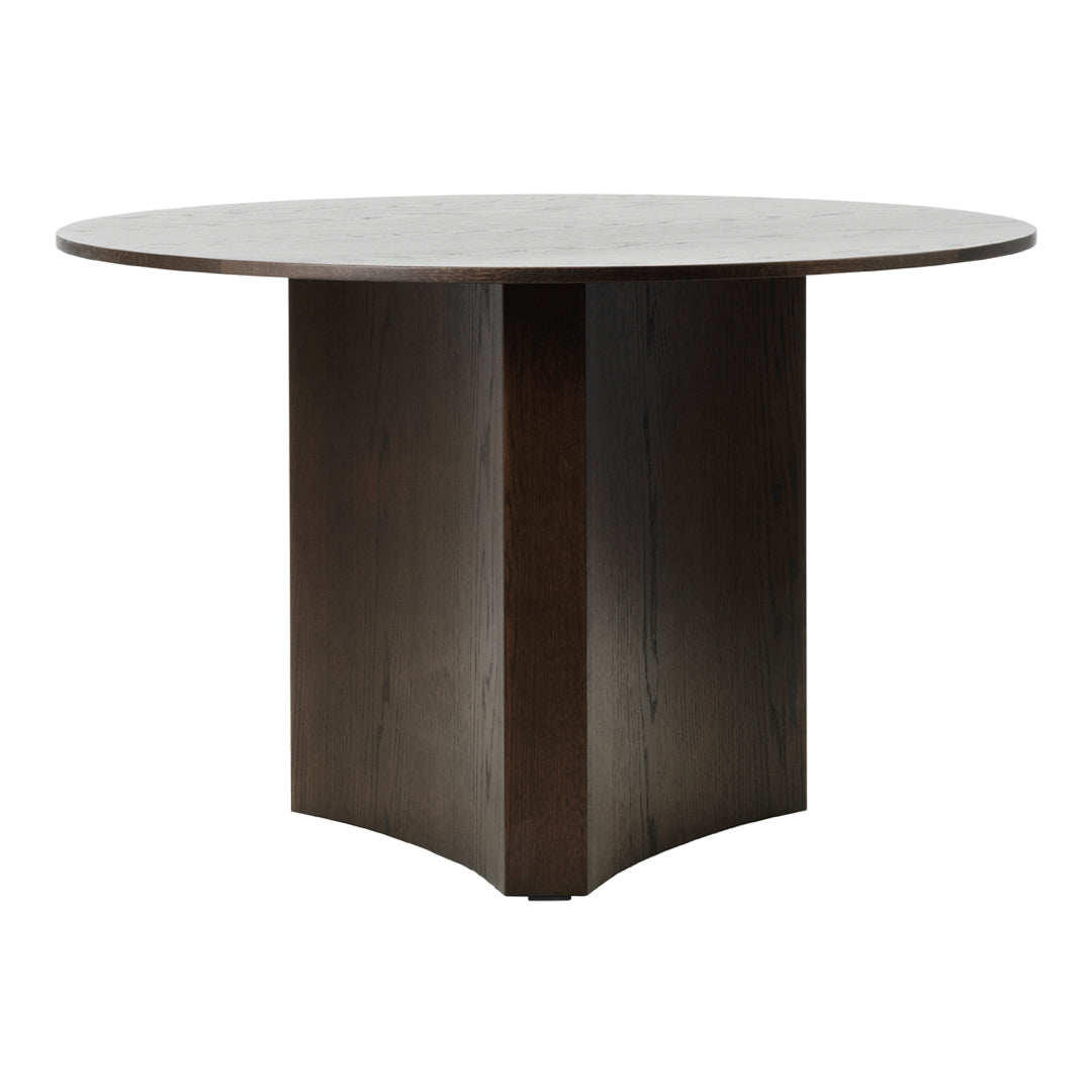 Round table with a sleek gray-top and dark wood base, featuring a minimalist design perfect for modern decor.