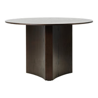Round table with a sleek gray-top and dark wood base, featuring a minimalist design perfect for modern decor.